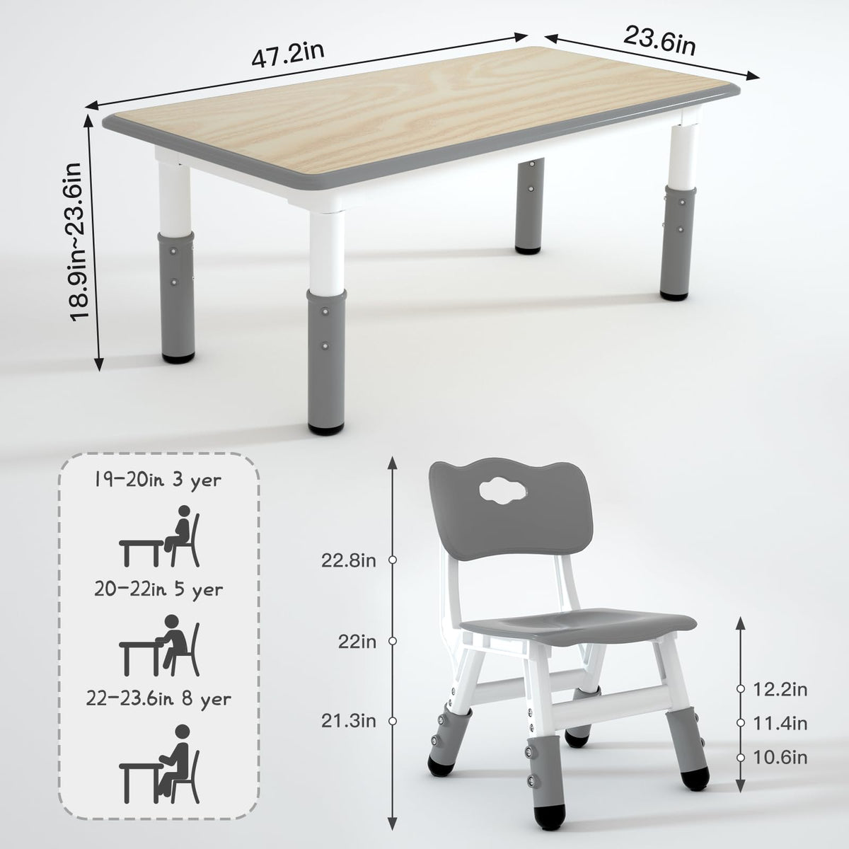 Height Adjustable Kids Table with 4 Chairs, Durable HDPE Play Set for Children Ages 2–12, Gray