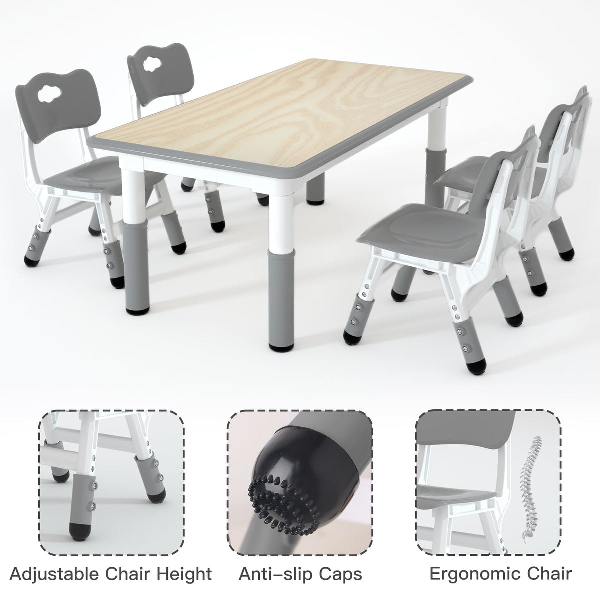 Height Adjustable Kids Table with 4 Chairs, Durable HDPE Play Set for Children Ages 2–12, Gray