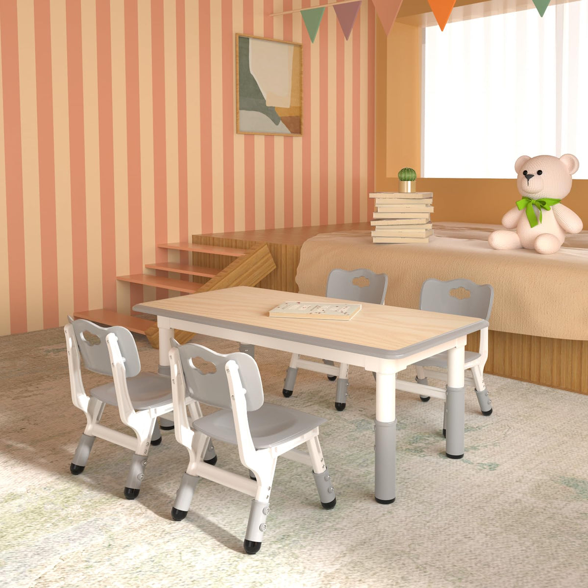 Height Adjustable Kids Table with 4 Chairs, Durable HDPE Play Set for Children Ages 2–12, Gray