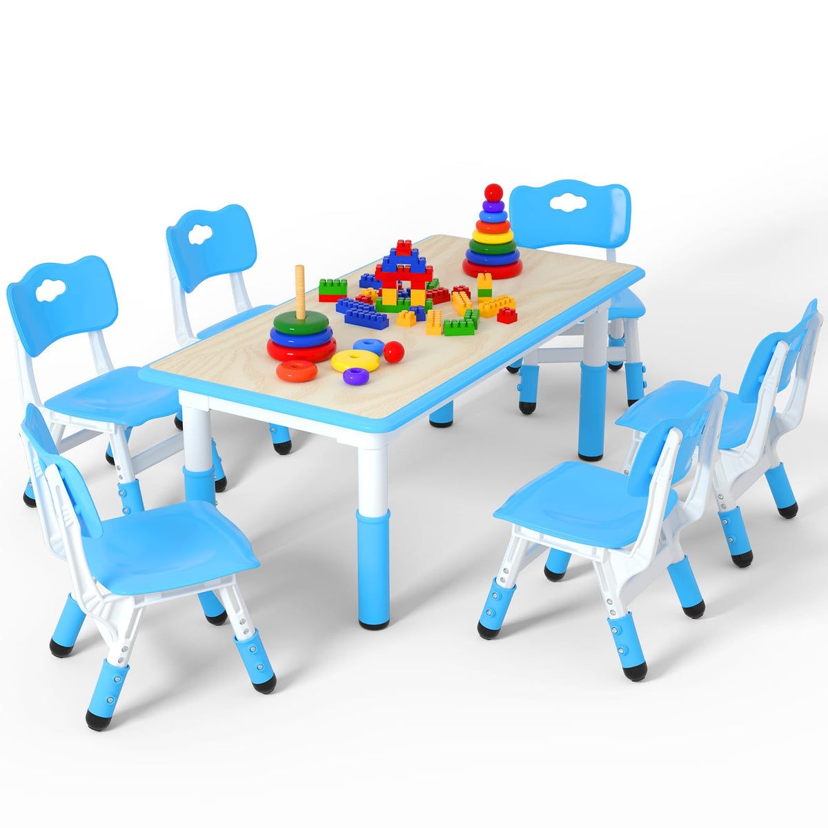 Height Adjustable Kids Table with 6 Chairs, Durable HDPE Play Set for Children Ages 2–12, Blue