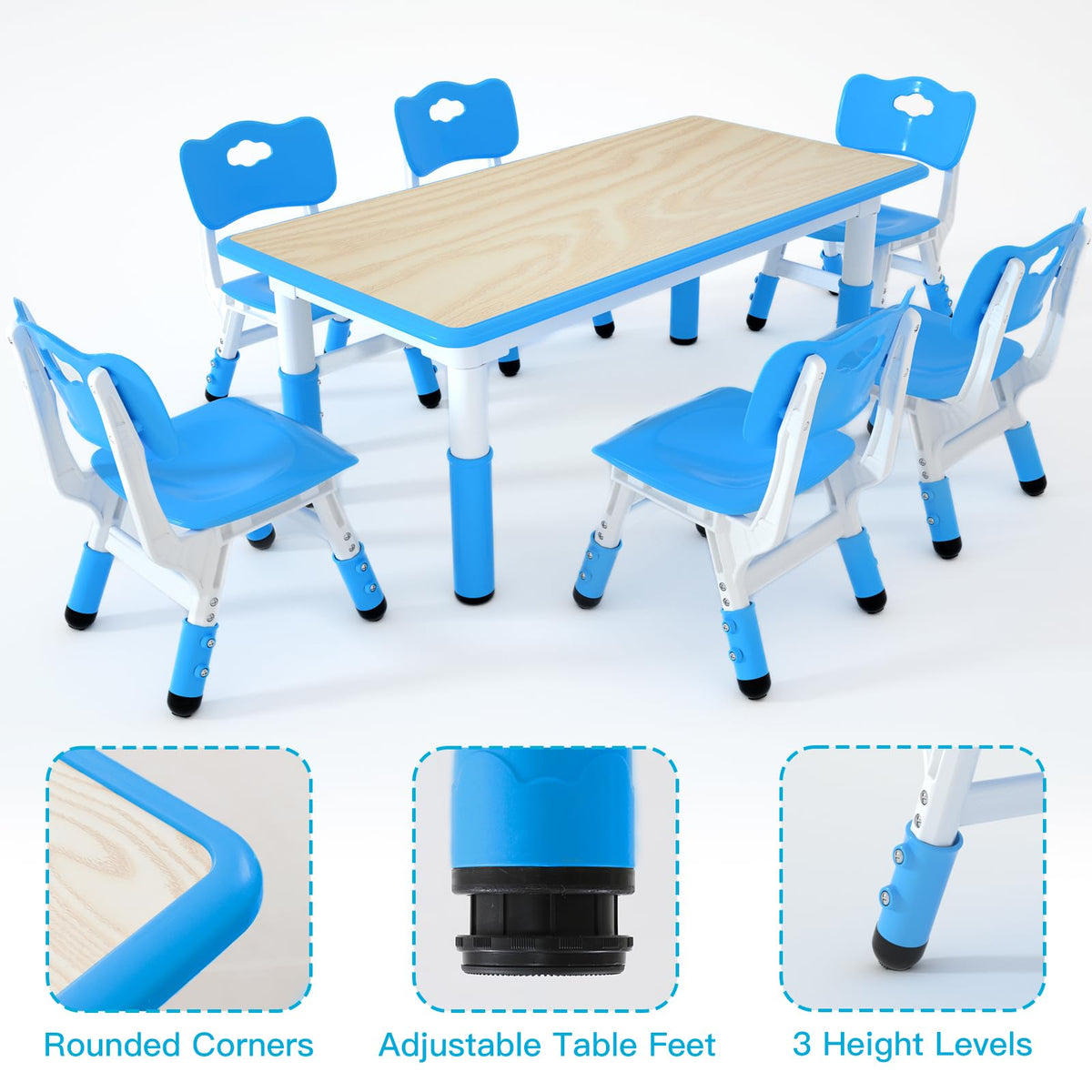 Height Adjustable Kids Table with 6 Chairs, Durable HDPE Play Set for Children Ages 2–12, Blue