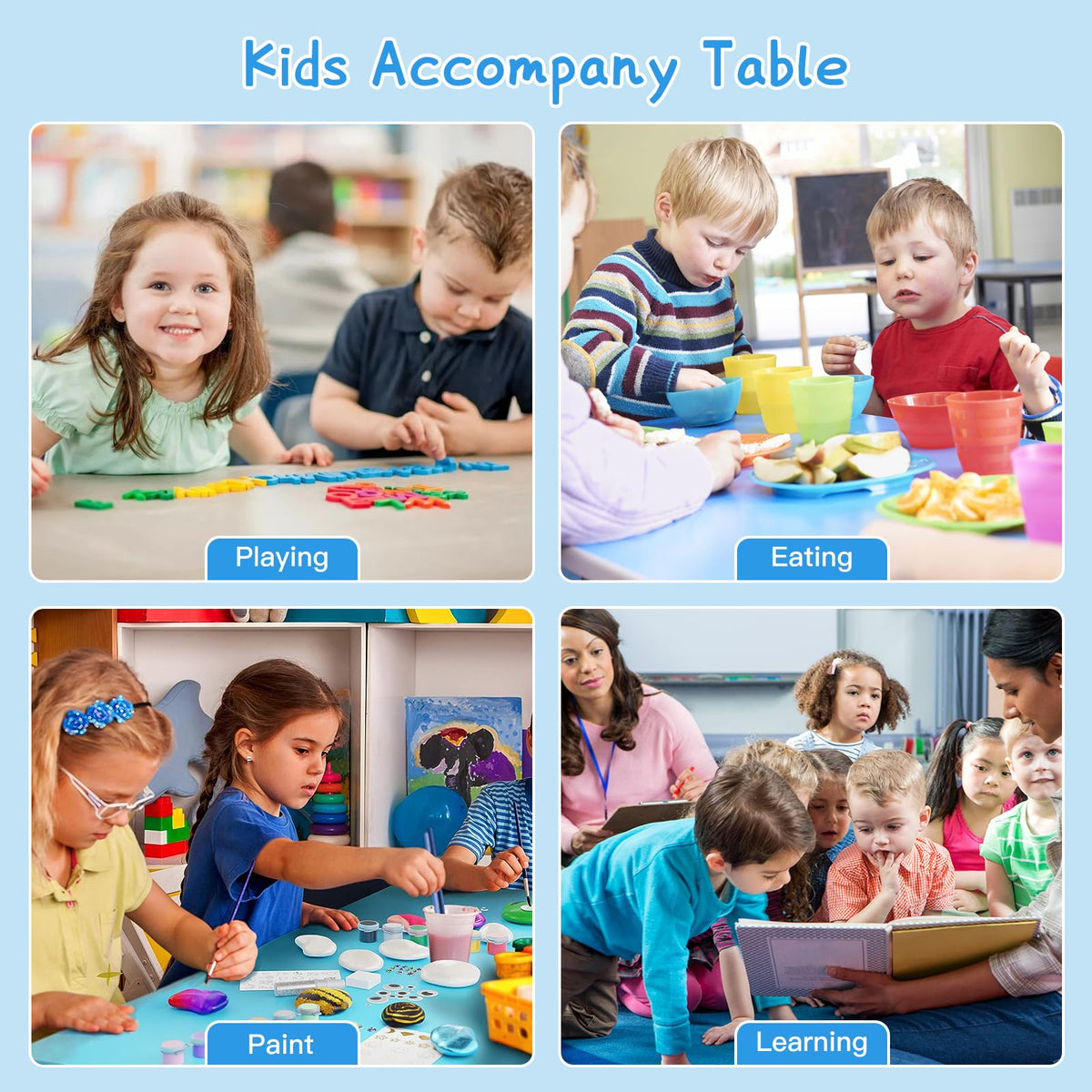 Height Adjustable Kids Table with 6 Chairs, Durable HDPE Play Set for Children Ages 2–12, Blue