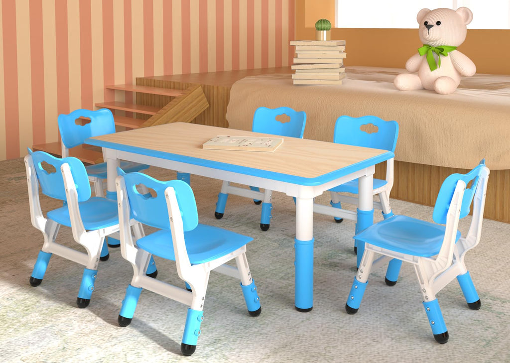 Height Adjustable Kids Table with 6 Chairs, Durable HDPE Play Set for Children Ages 2–12, Blue