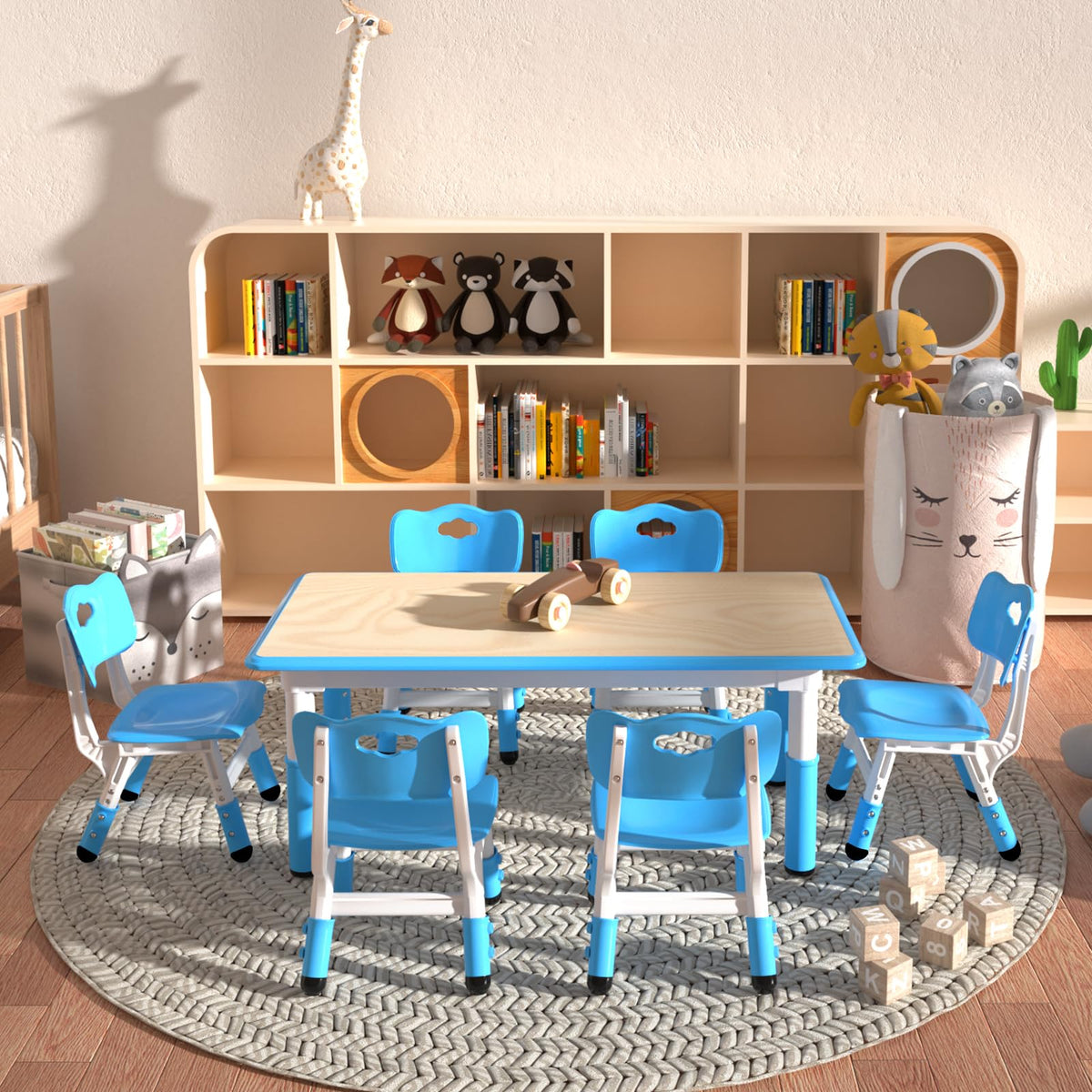 Height Adjustable Kids Table with 6 Chairs, Durable HDPE Play Set for Children Ages 2–12, Blue