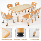 Height Adjustable Kids Table with 6 Chairs, Durable HDPE Play Set for Children Ages 2–12, Brown
