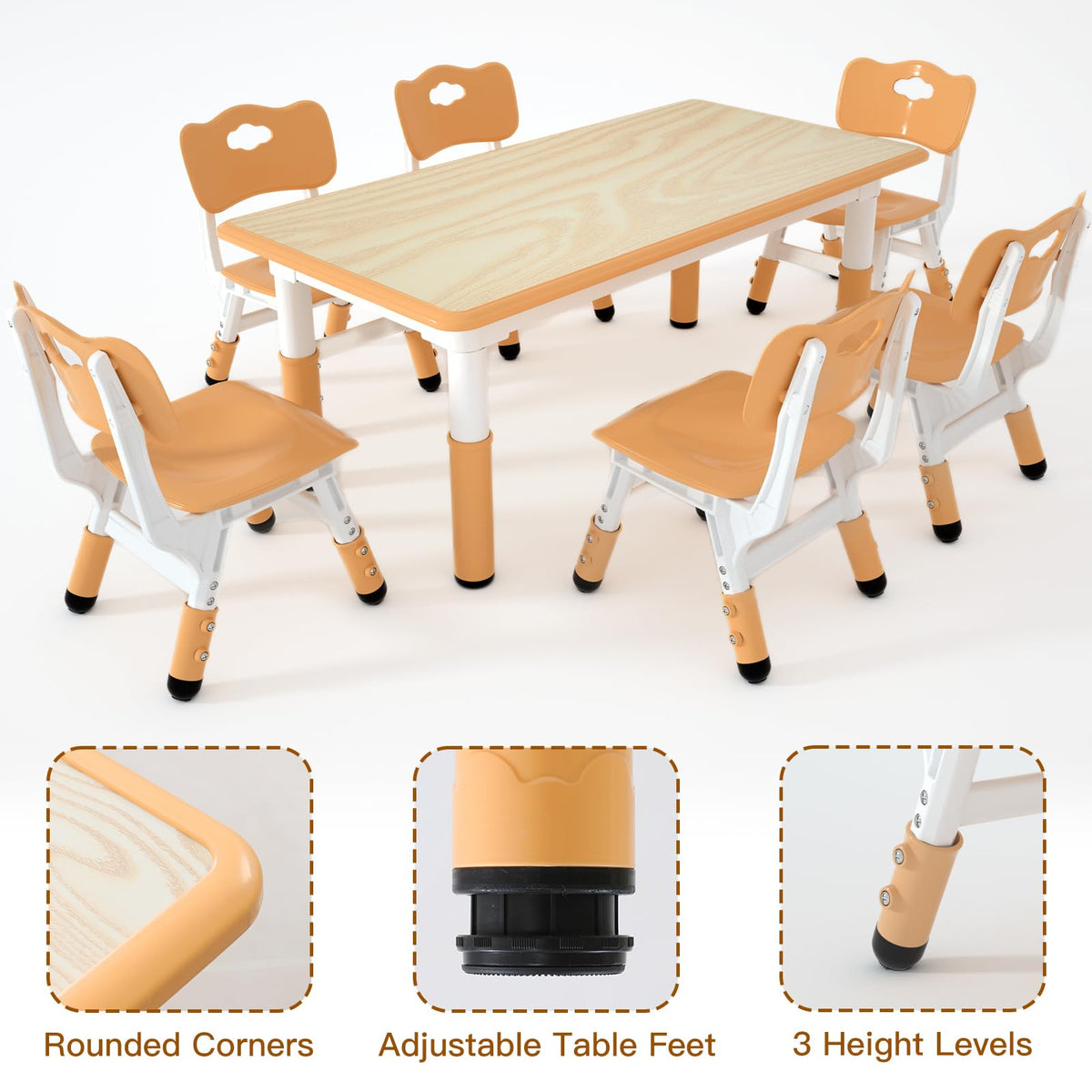 Height Adjustable Kids Table with 6 Chairs, Durable HDPE Play Set for Children Ages 2–12, Brown