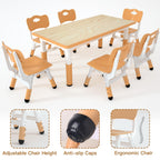 Height Adjustable Kids Table with 6 Chairs, Durable HDPE Play Set for Children Ages 2–12, Brown