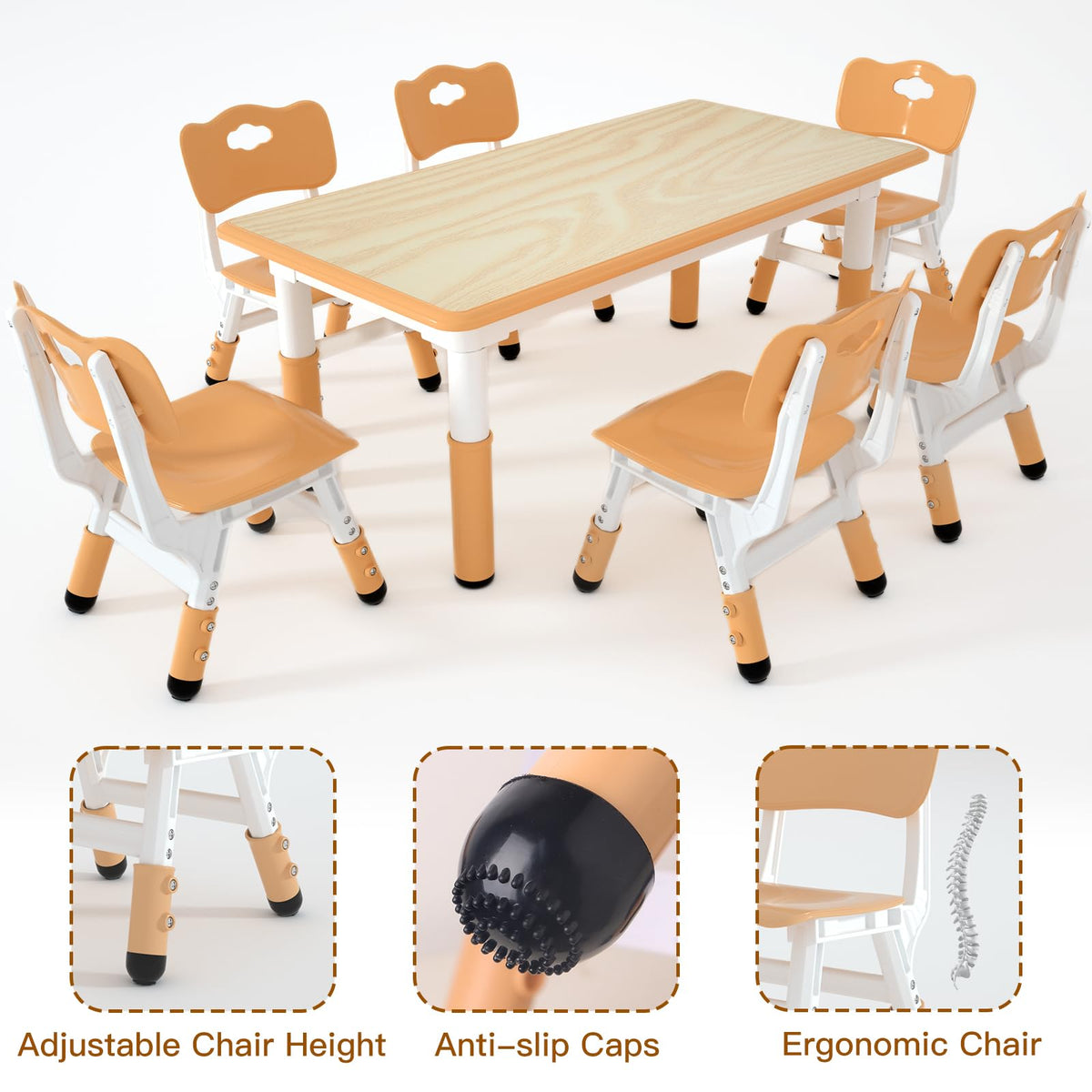 Height Adjustable Kids Table with 6 Chairs, Durable HDPE Play Set for Children Ages 2–12, Brown