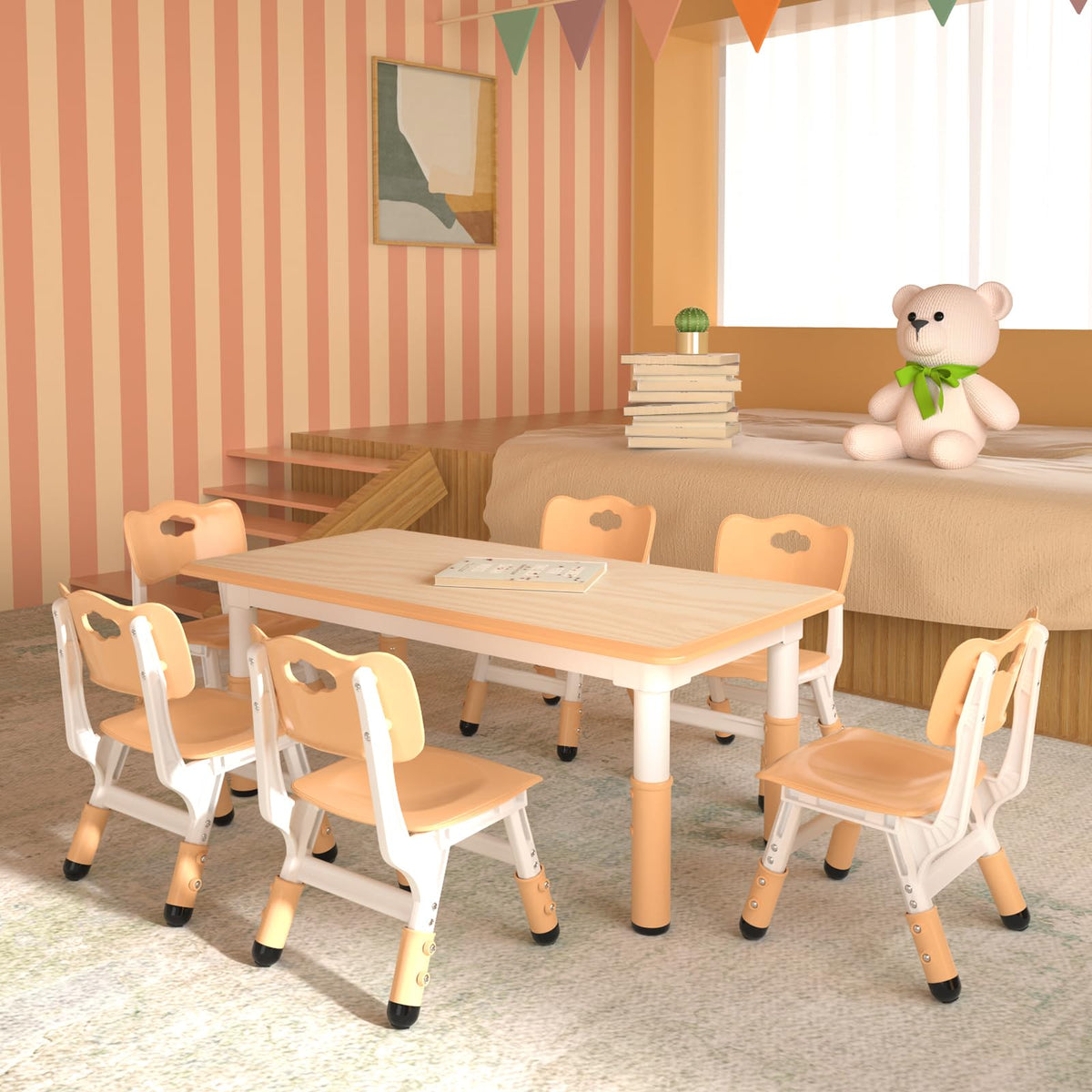 Height Adjustable Kids Table with 6 Chairs, Durable HDPE Play Set for Children Ages 2–12, Brown
