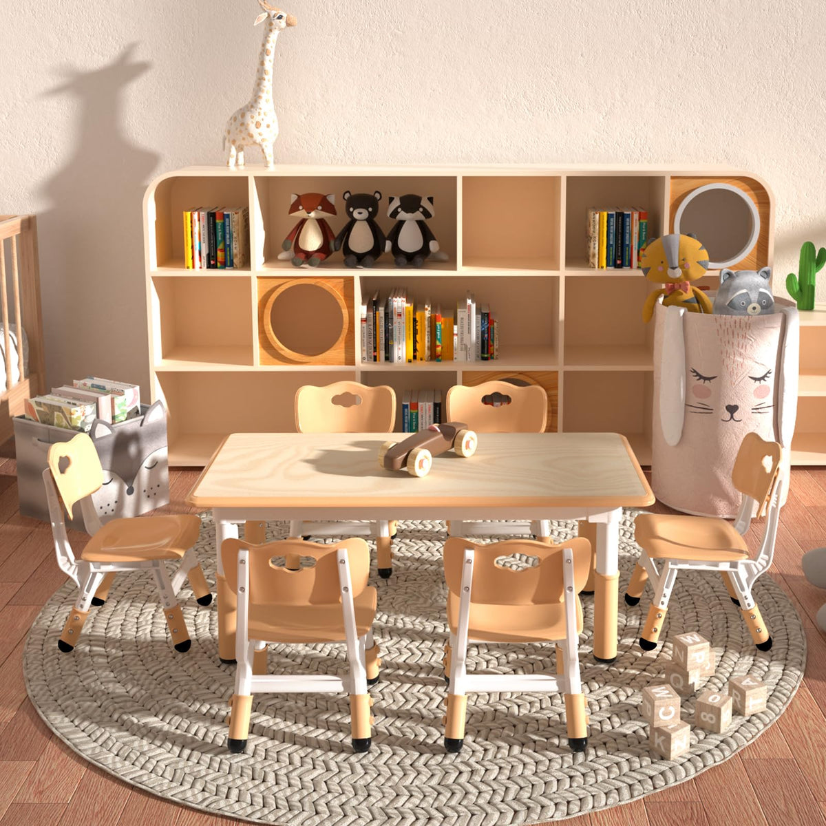 Height Adjustable Kids Table with 6 Chairs, Durable HDPE Play Set for Children Ages 2–12, Brown