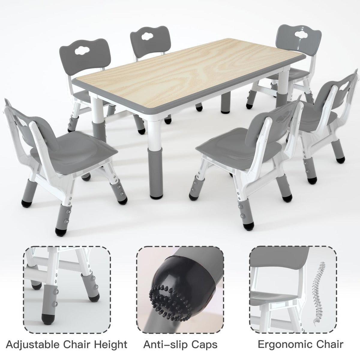 Height Adjustable Kids Table with 6 Chairs, Durable HDPE Play Set for Children Ages 2–12, Gray