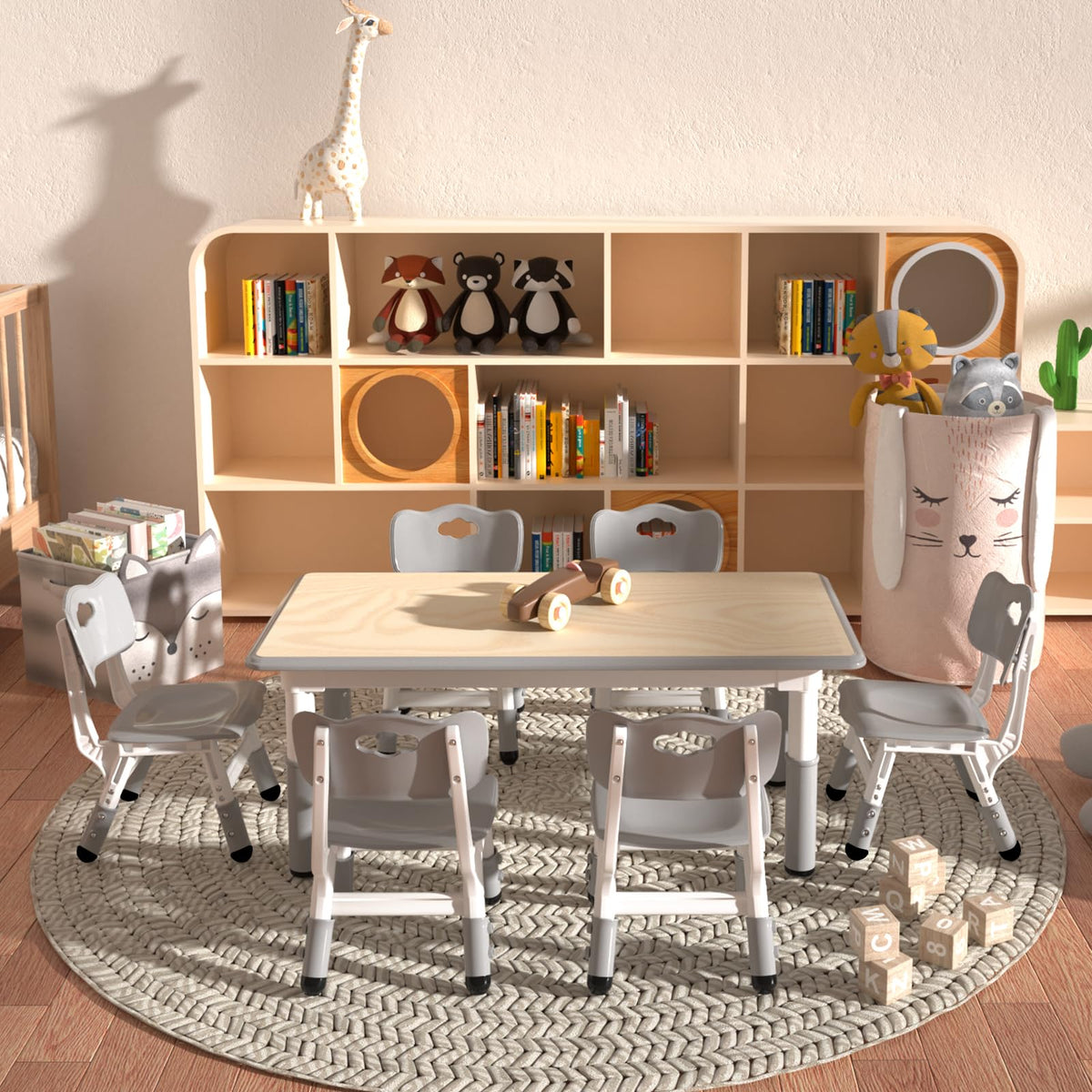 Height Adjustable Kids Table with 6 Chairs, Durable HDPE Play Set for Children Ages 2–12, Gray