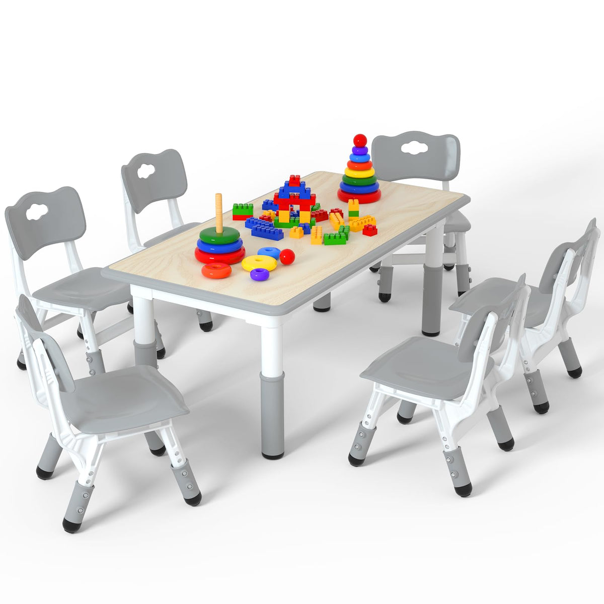 Height Adjustable Kids Table with 6 Chairs, Durable HDPE Play Set for Children Ages 2–12, Brown