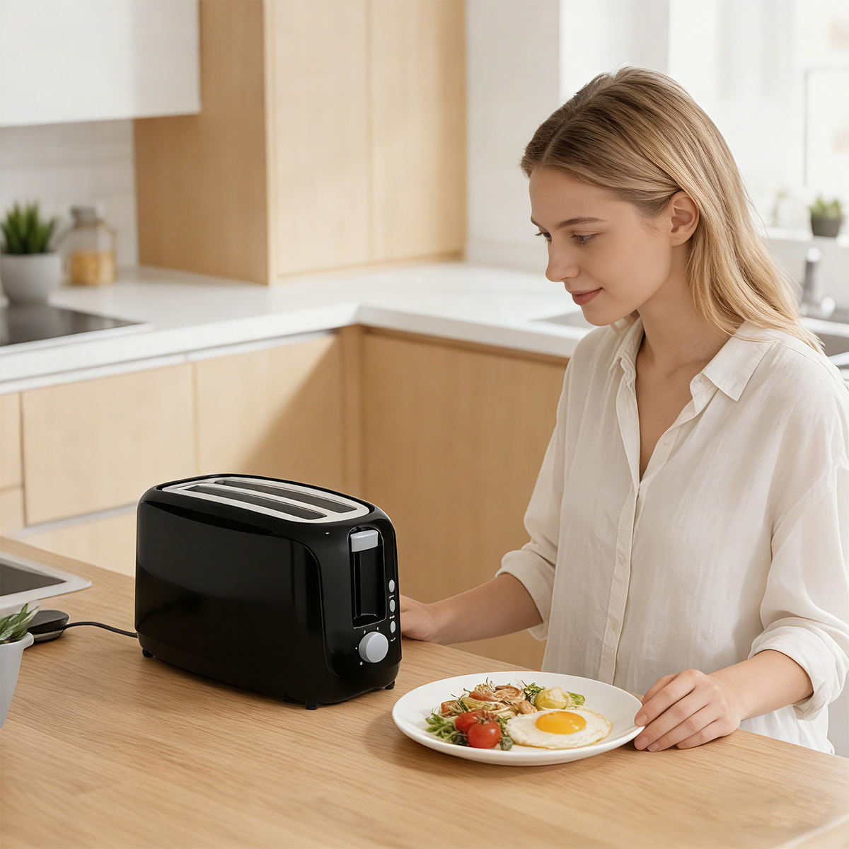 4 Slice Extra Long Slot Toaster with 6 Browning Levels&Defrost/Reheat Functions,Black