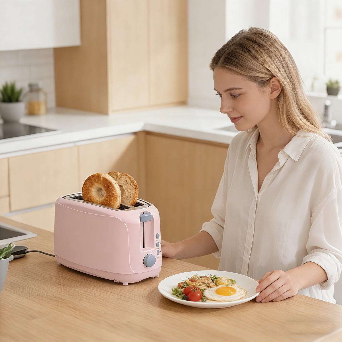 4 Slice Extra Long Slot Toaster with 6 Browning Levels&Defrost/Reheat Functions,Pink