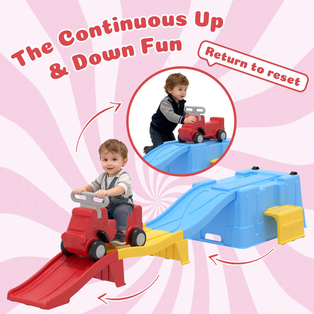 Kids Up and Down Roller Coaster Ride On Toy, Toddler Push Car with Assembly Race Track & Storage Base, Indoor Outdoor Play Equipment,Red