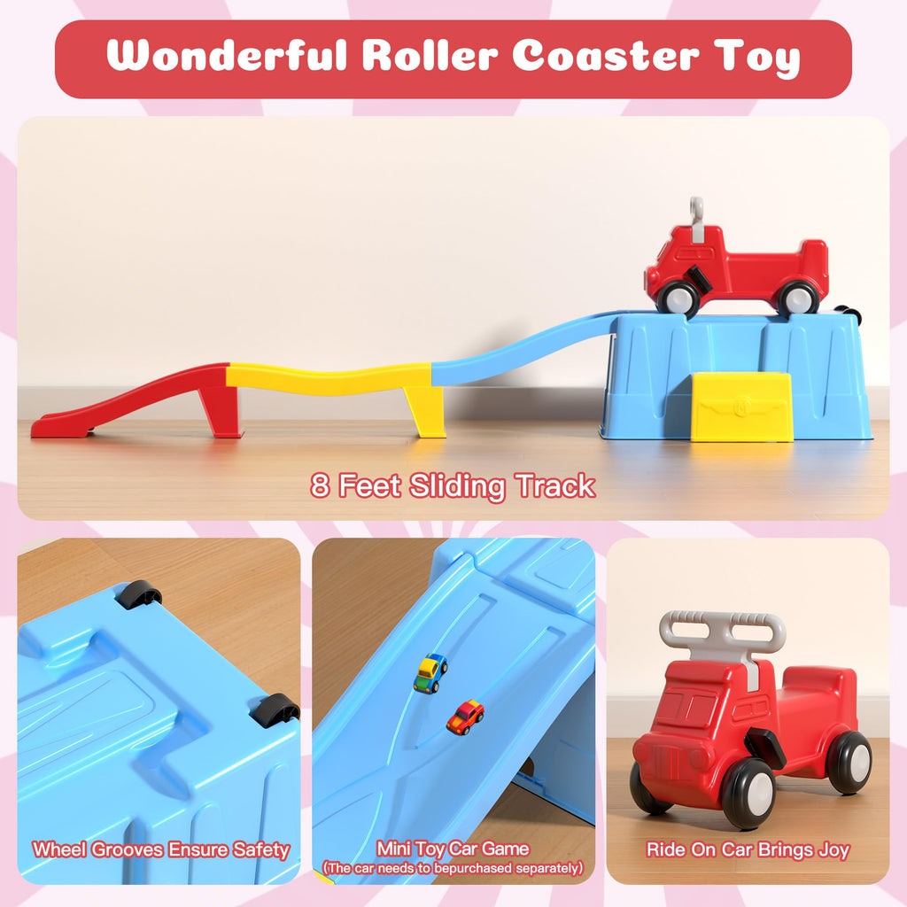 Kids Up and Down Roller Coaster Ride On Toy, Toddler Push Car with Assembly Race Track & Storage Base, Indoor Outdoor Play Equipment,Red