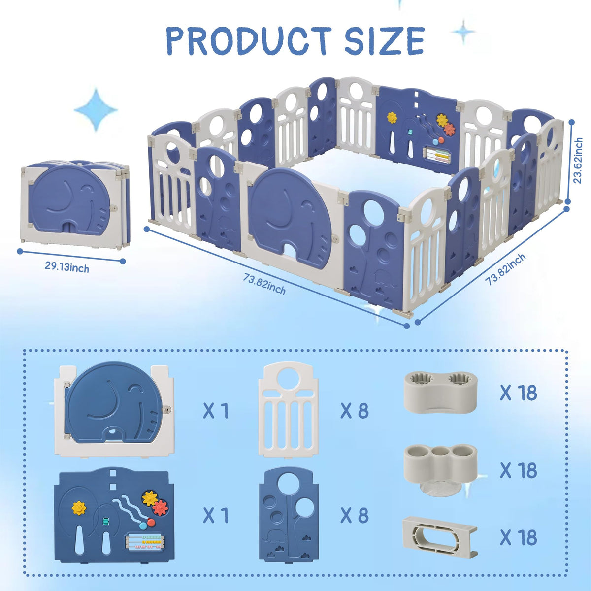 18-Panel Portable Plastic Playpen,Multi-scene Safety Fence for Kids,Blue