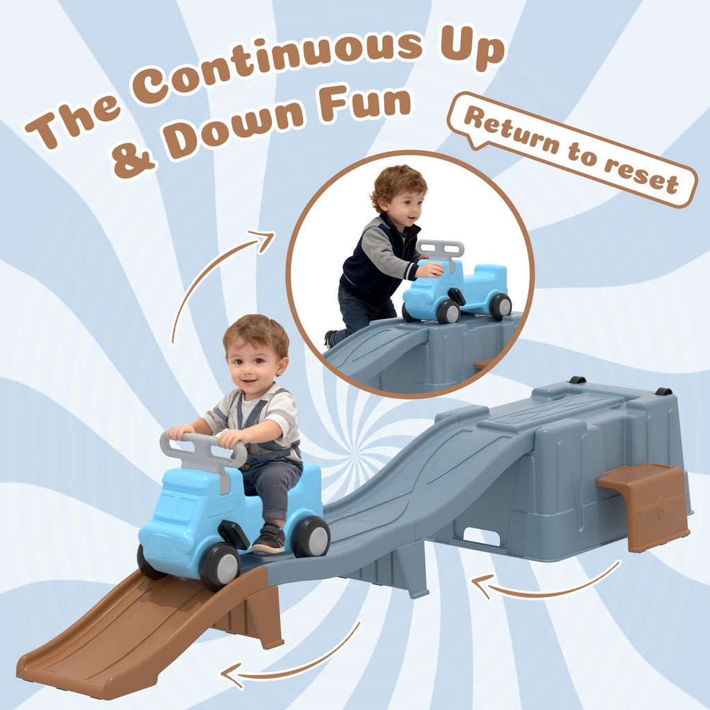 Kids Up and Down Roller Coaster Ride On Toy, Toddler Push Car with Assembly Race Track & Storage Base, Indoor Outdoor Play Equipment,Blue