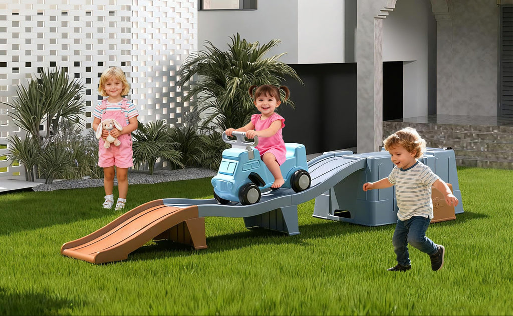 Kids Up and Down Roller Coaster Ride On Toy, Toddler Push Car with Assembly Race Track & Storage Base, Indoor Outdoor Play Equipment,Blue