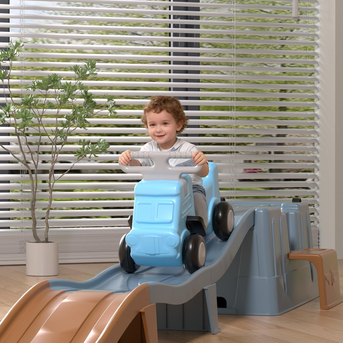 Kids Up and Down Roller Coaster Ride On Toy, Toddler Push Car with Assembly Race Track & Storage Base, Indoor Outdoor Play Equipment,Blue