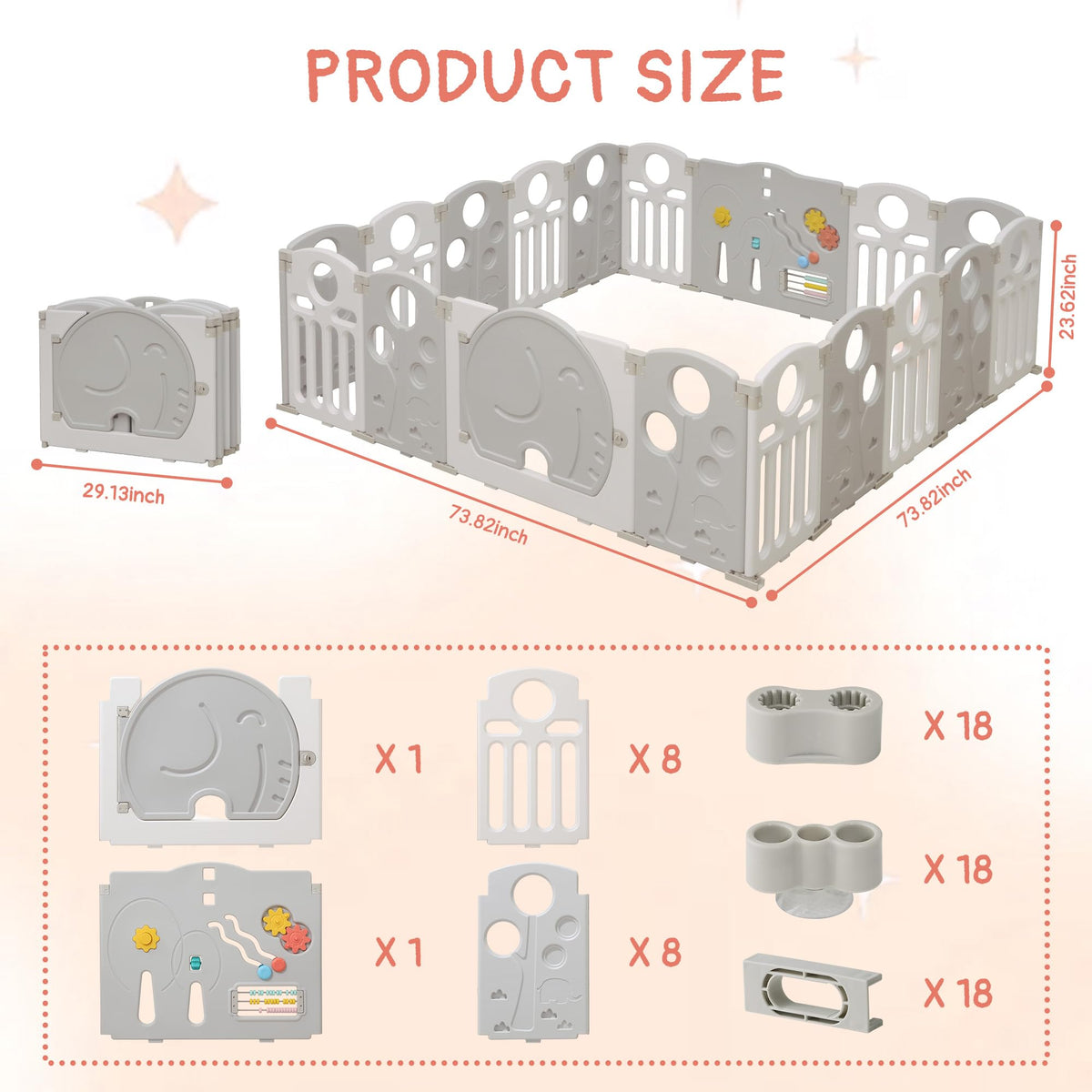 18-Panel Portable Plastic Playpen,Kids Activity Fence,Grey