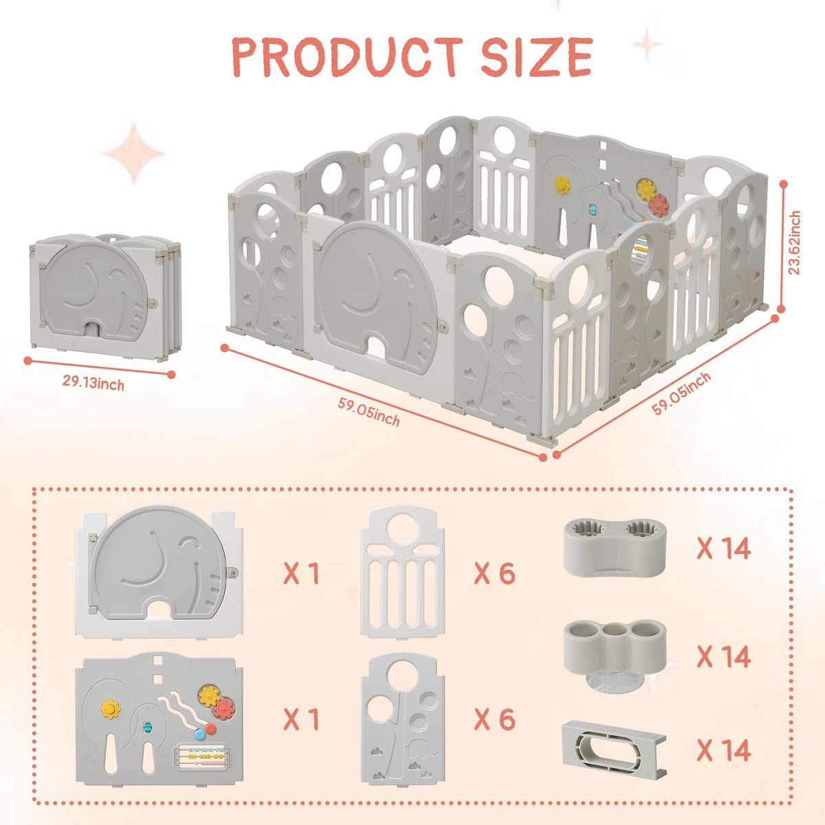 14-Panel Portable Plastic Playpen,Safety Fence for Kids & Toddlers,Grey