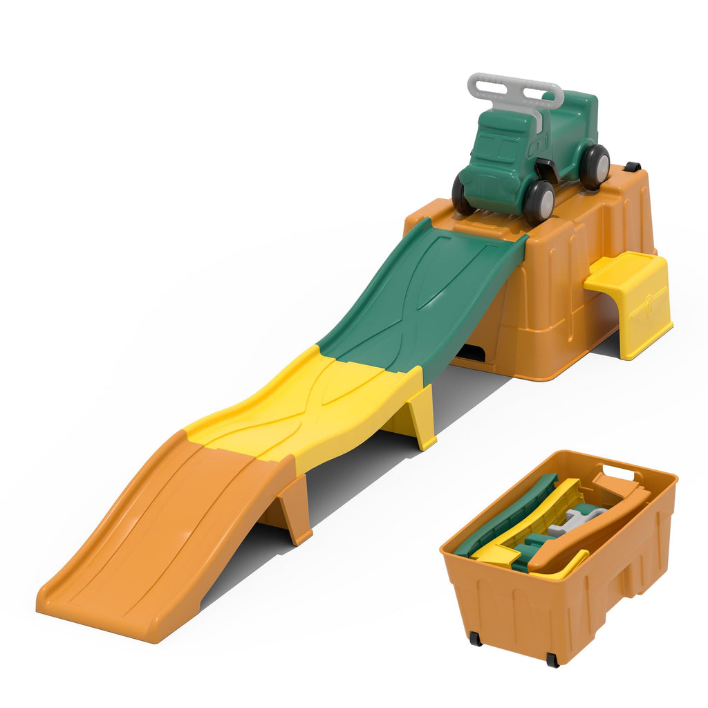 Kids Up and Down Roller Coaster Ride On Toy, Toddler Push Car with Assembly Race Track & Storage Base, Indoor Outdoor Play Equipment,Green