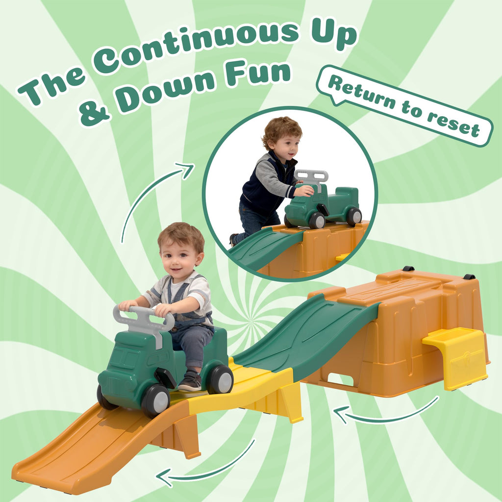 Kids Up and Down Roller Coaster Ride On Toy, Toddler Push Car with Assembly Race Track & Storage Base, Indoor Outdoor Play Equipment,Green