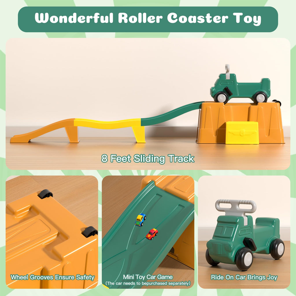 Kids Up and Down Roller Coaster Ride On Toy, Toddler Push Car with Assembly Race Track & Storage Base, Indoor Outdoor Play Equipment,Green