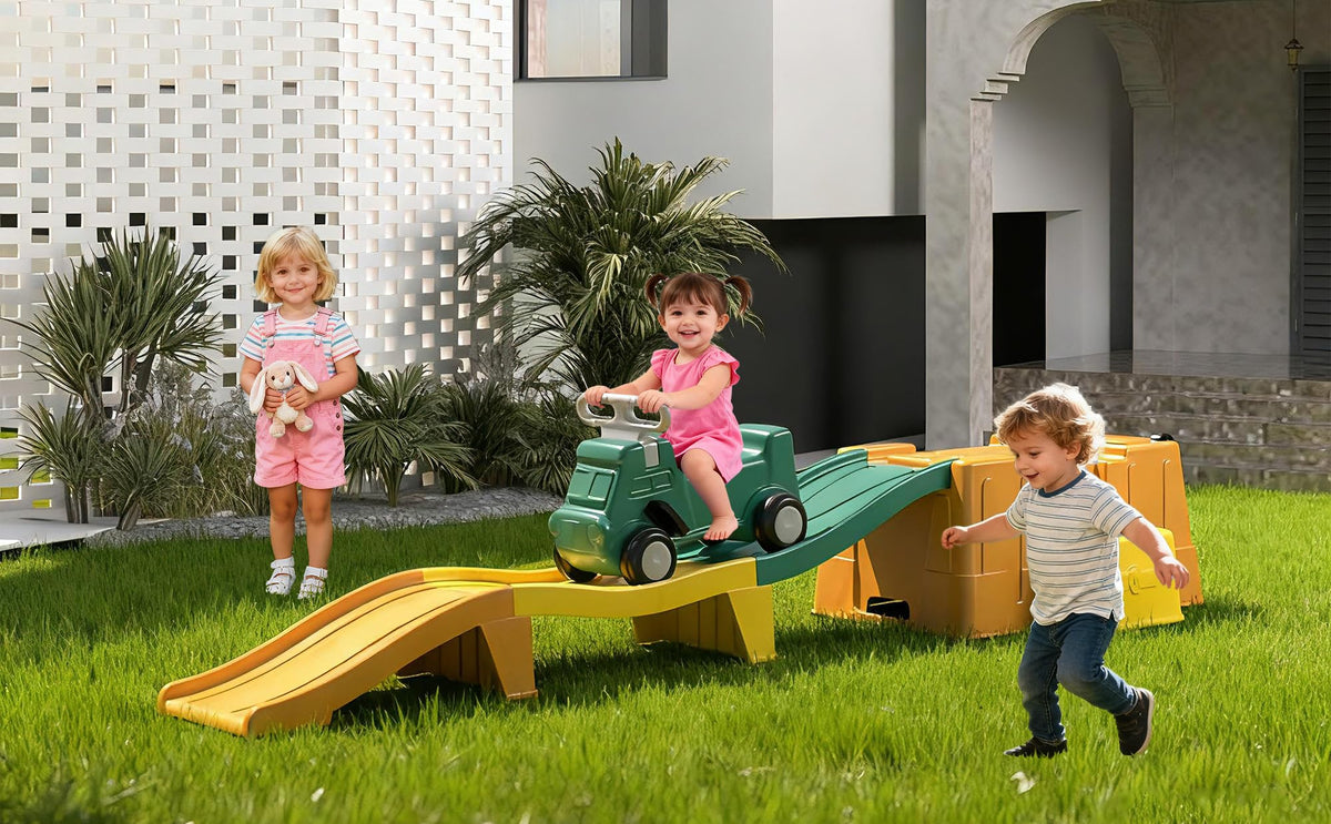 Kids Up and Down Roller Coaster Ride On Toy, Toddler Push Car with Assembly Race Track & Storage Base, Indoor Outdoor Play Equipment,Green