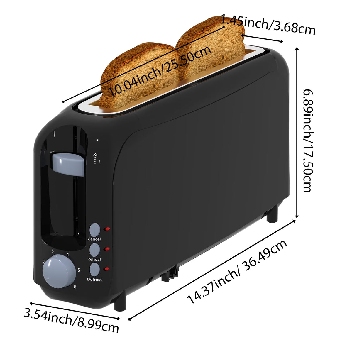 2-Slice Toaster with 10" Extra Long Slot,6 Browning Levels,Removable Crumb Tray,Defrost,Reheat&Cancel Functions,Auto Shut-Off Safety,Black