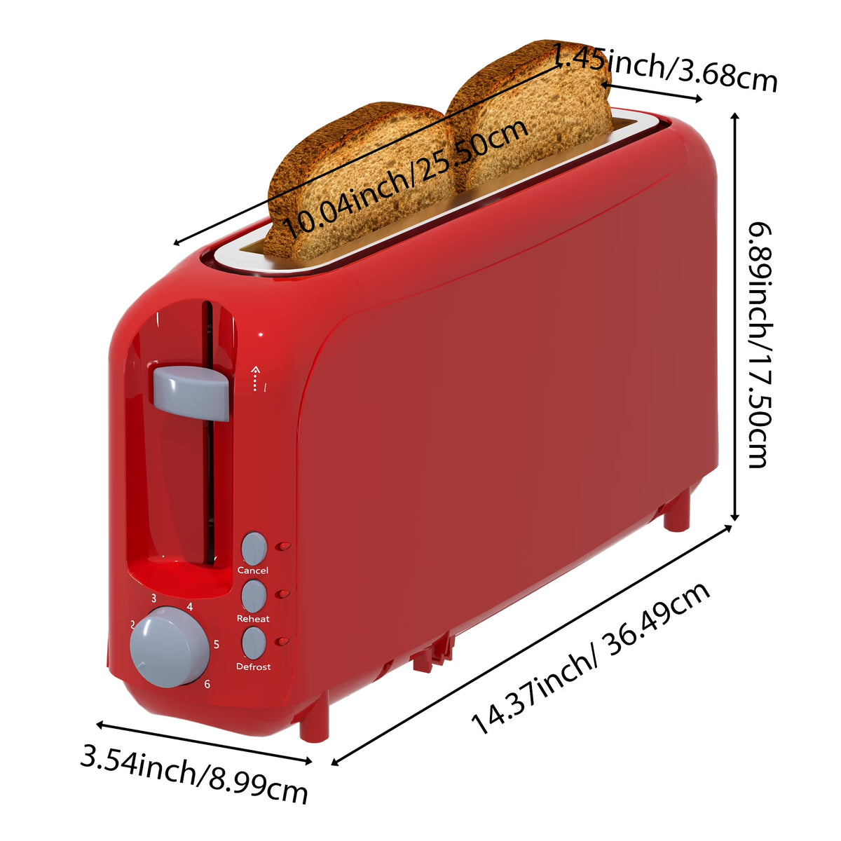 2-Slice Toaster with 10" Extra Long Slot,6 Browning Levels,Removable Crumb Tray,Defrost,Reheat&Cancel Functions,Auto Shut-Off Safety,Red