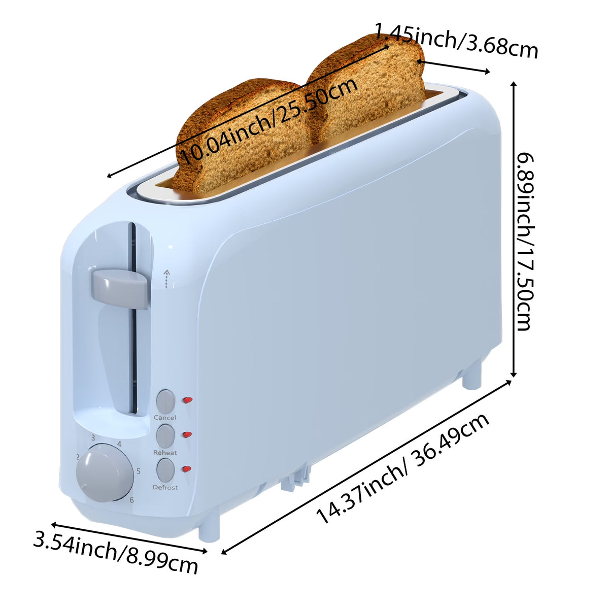 2-Slice Toaster with 10" Extra Long Slot,6 Browning Levels,Removable Crumb Tray,Defrost,Reheat&Cancel Functions,Auto Shut-Off Safety,Blue