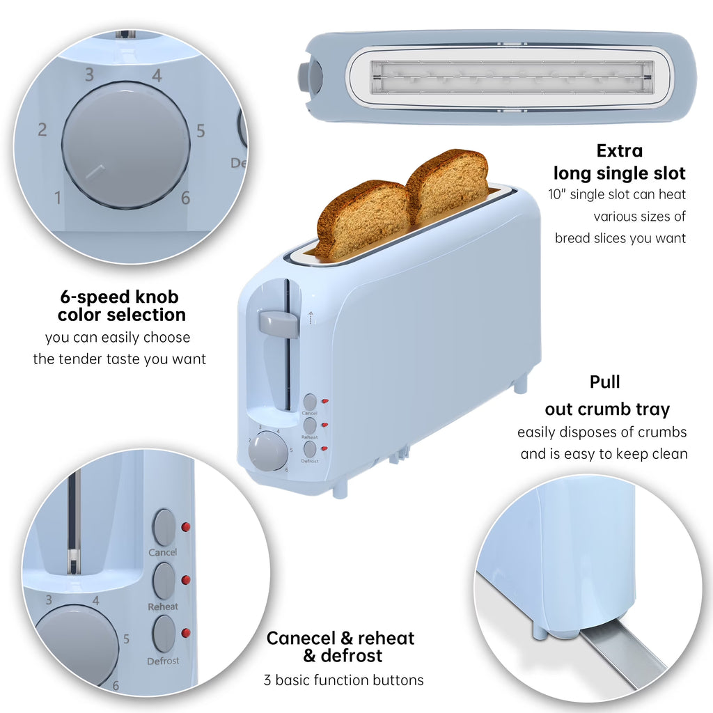 2-Slice Toaster with 10" Extra Long Slot,6 Browning Levels,Removable Crumb Tray,Defrost,Reheat&Cancel Functions,Auto Shut-Off Safety,Blue