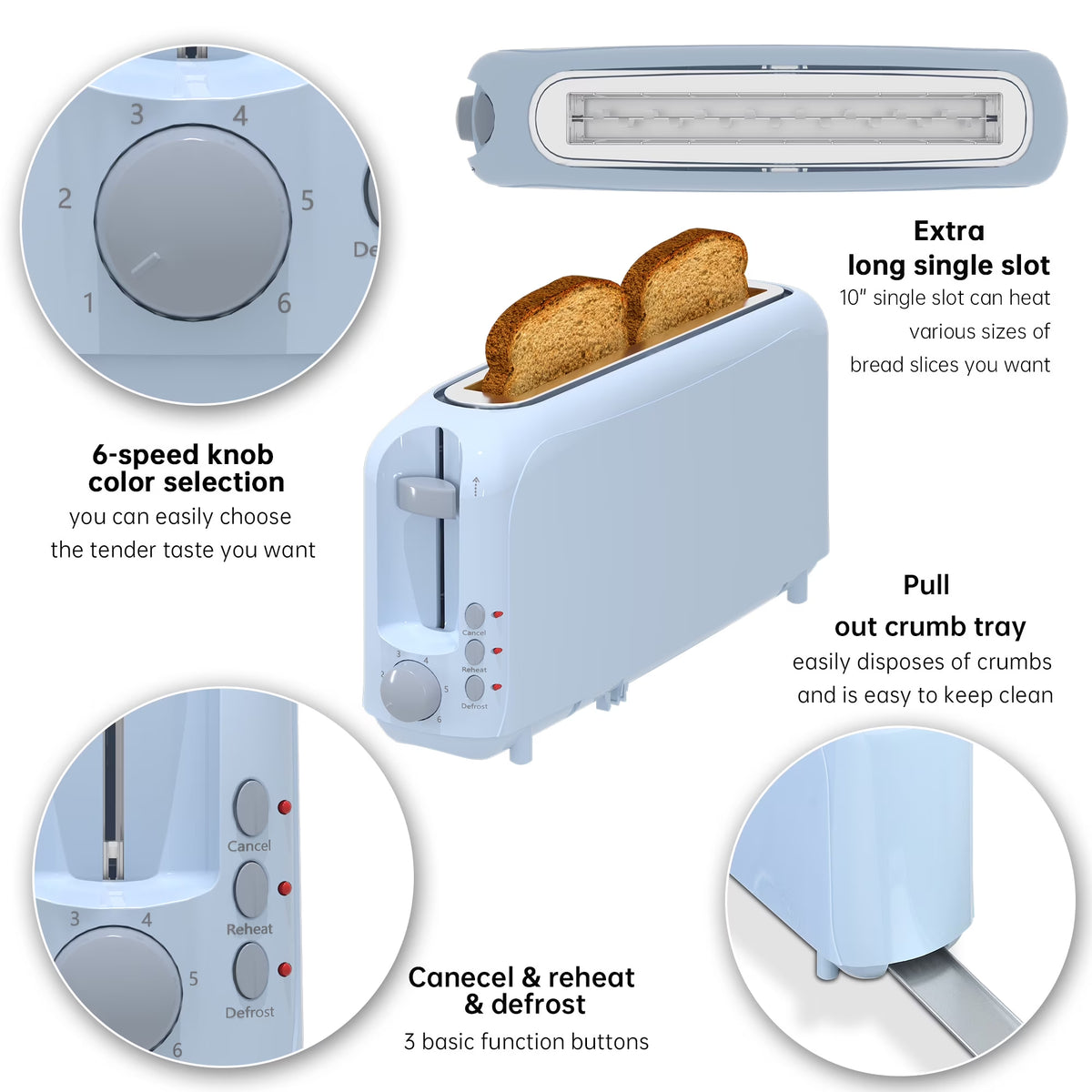 2-Slice Toaster with 10" Extra Long Slot,6 Browning Levels,Removable Crumb Tray,Defrost,Reheat&Cancel Functions,Auto Shut-Off Safety,Blue