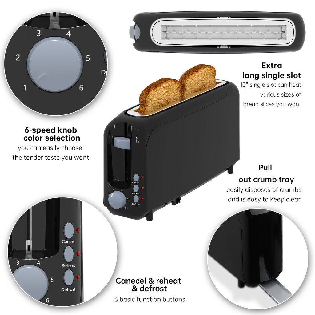 2-Slice Toaster with 10" Extra Long Slot,6 Browning Levels,Removable Crumb Tray,Defrost,Reheat&Cancel Functions,Auto Shut-Off Safety,Black