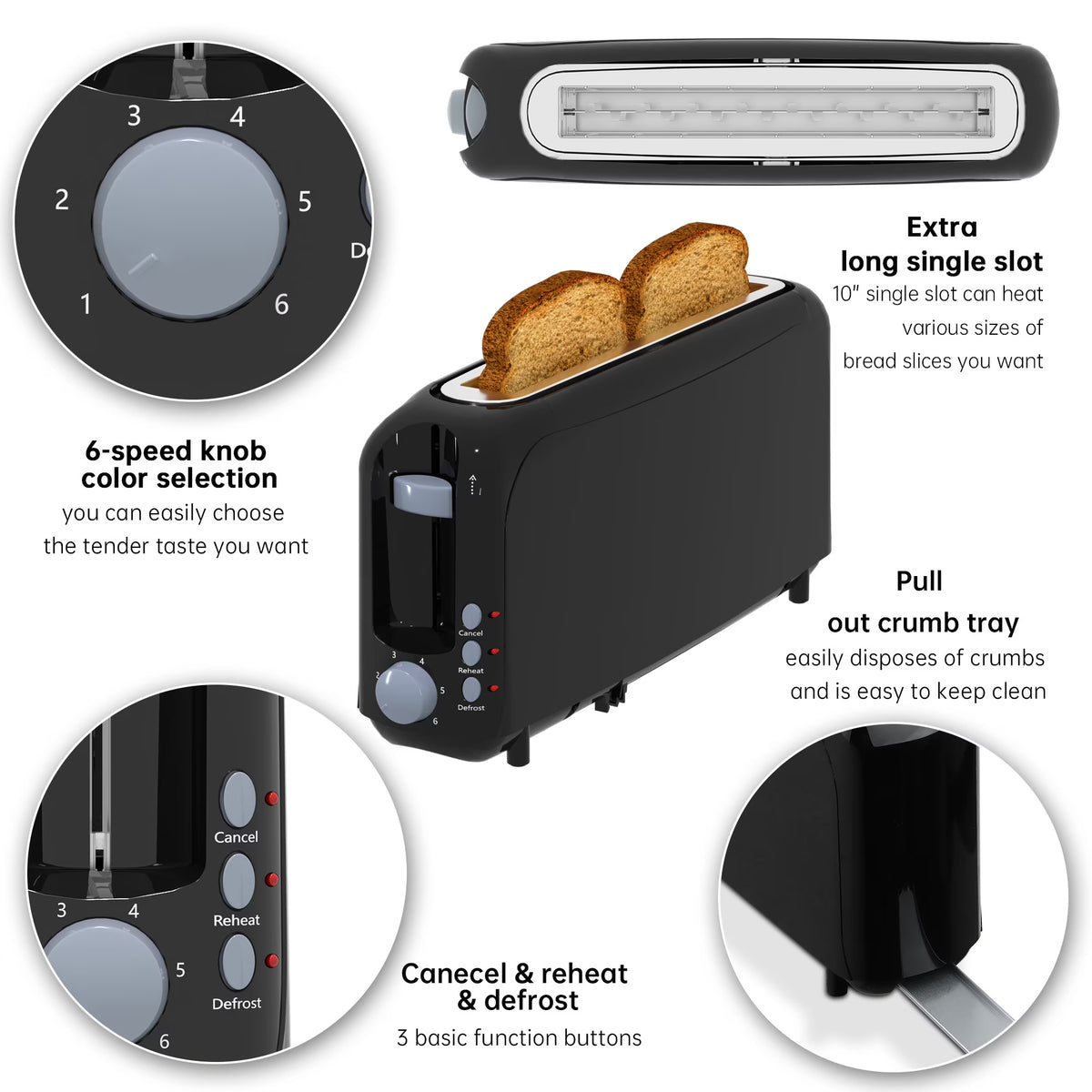2-Slice Toaster with 10" Extra Long Slot,6 Browning Levels,Removable Crumb Tray,Defrost,Reheat&Cancel Functions,Auto Shut-Off Safety,Black