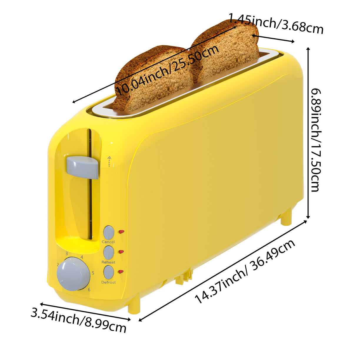 2-Slice Toaster with 10" Extra Long Slot,6 Browning Levels,Removable Crumb Tray,Defrost,Reheat&Cancel Functions,Auto Shut-Off Safety,Yellow