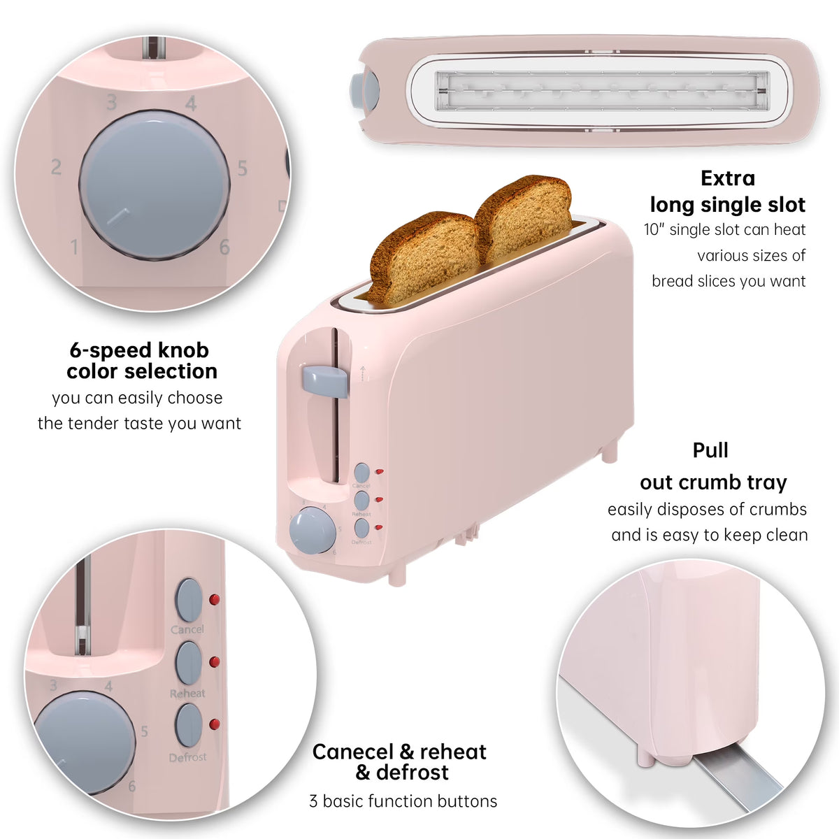 2-Slice Toaster with 10" Extra Long Slot,6 Browning Levels,Removable Crumb Tray,Defrost,Reheat&Cancel Functions,Auto Shut-Off Safety,Pink