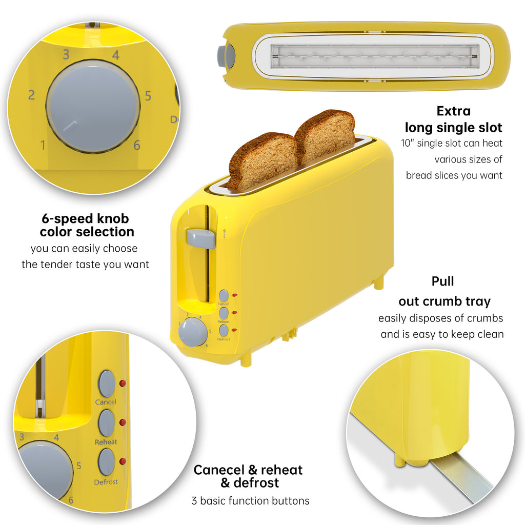 2-Slice Toaster with 10" Extra Long Slot,6 Browning Levels,Removable Crumb Tray,Defrost,Reheat&Cancel Functions,Auto Shut-Off Safety,Yellow
