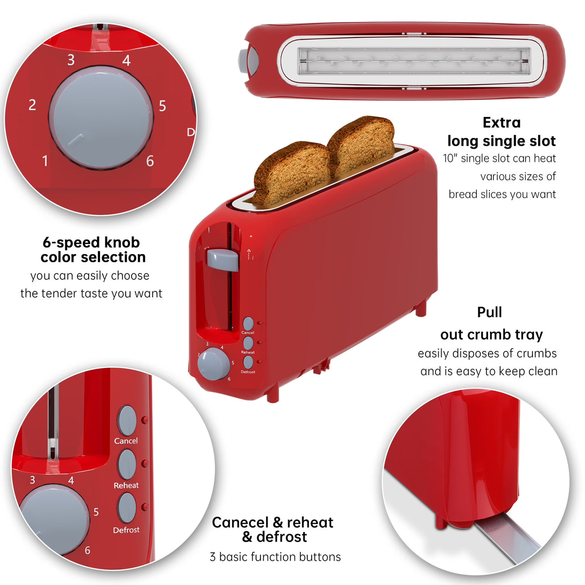 2-Slice Toaster with 10" Extra Long Slot,6 Browning Levels,Removable Crumb Tray,Defrost,Reheat&Cancel Functions,Auto Shut-Off Safety,Red