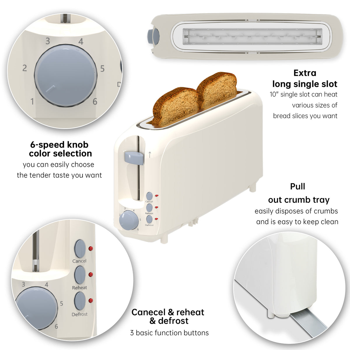 2-Slice Toaster with 10" Extra Long Slot,6 Browning Levels,Removable Crumb Tray,Defrost,Reheat&Cancel Functions,Auto Shut-Off Safety,White