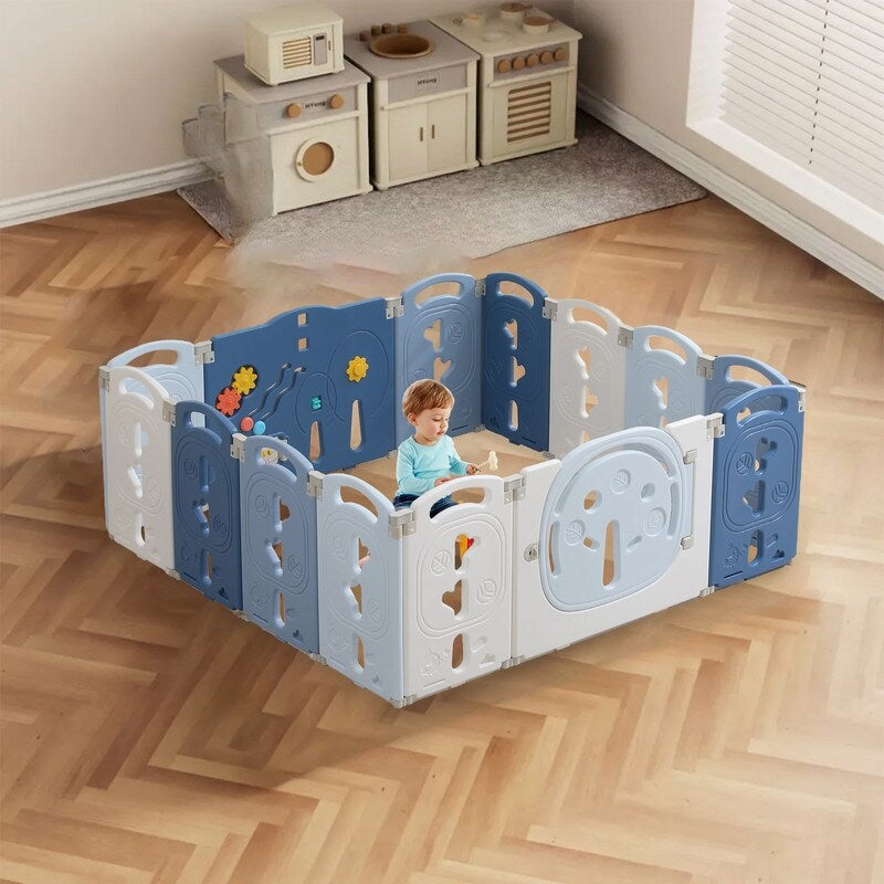 14-Panel Portable Plastic Playpen,Safe Activity Fence for Toddlers,Blue
