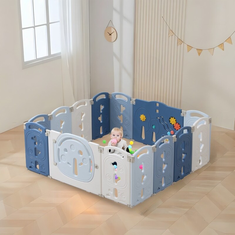 18-Panel Portable Plastic Playpen,Safe Activity Fence for Toddlers,Blue