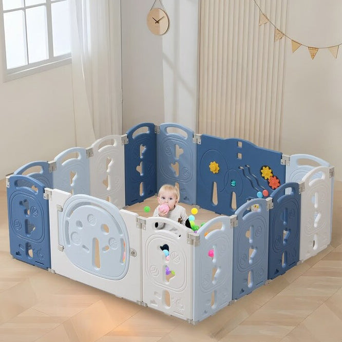 14-Panel Portable Plastic Playpen,Safe Activity Fence for Toddlers,Blue