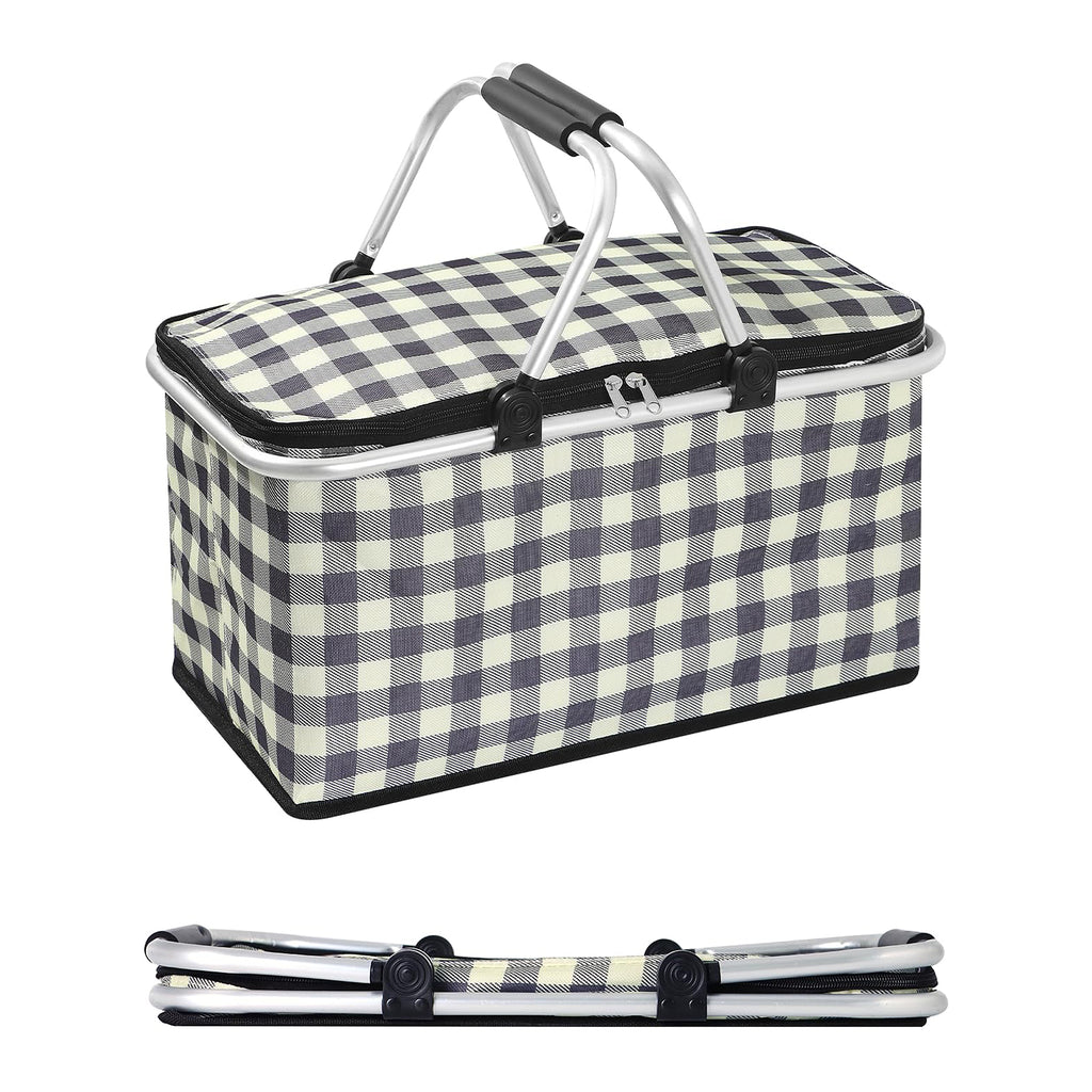 32L Insulated Picnic Basket, Black Plaid Insulated Collapsible Picnic Cooler Basket with Lid & 2 Handles, for Camping, Travel, Grocery & Food Delivery