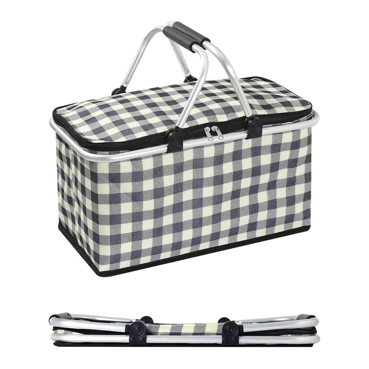32L Insulated Picnic Basket, Black Plaid Insulated Collapsible Picnic Cooler Basket with Lid & 2 Handles, for Camping, Travel, Grocery & Food Delivery