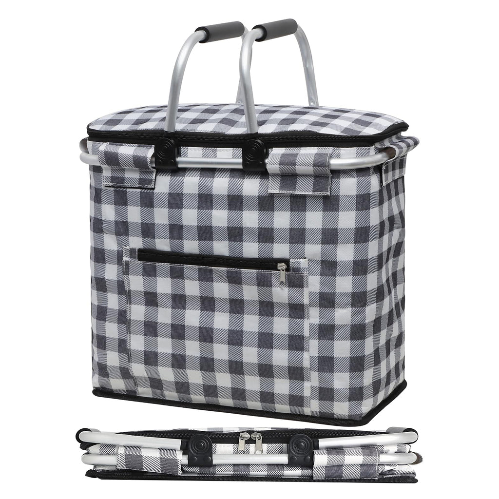 40L Insulated Picnic Basket, Black Plaid Insulated Collapsible Picnic Cooler Basket with Lid & 2 Handles, for Camping, Travel, Grocery & Food Delivery