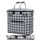 40L Insulated Picnic Basket, Black Plaid Insulated Collapsible Picnic Cooler Basket with Lid & 2 Handles, for Camping, Travel, Grocery & Food Delivery